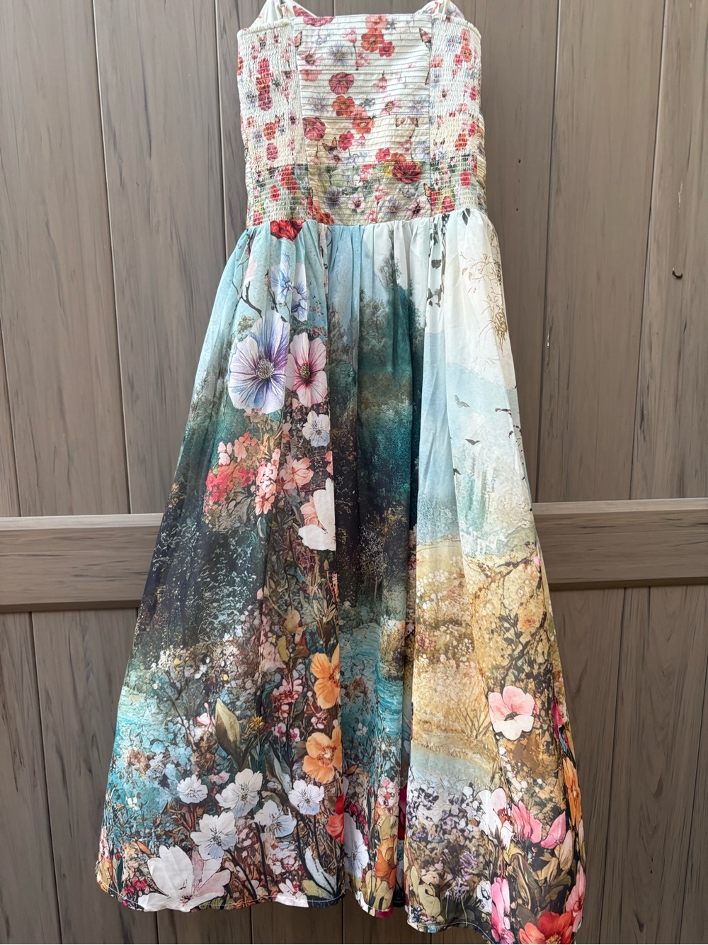 Anthropologie Strapless Floral Garden Print Midi Dress — White, Pink, Green - Picture 10 of 13
